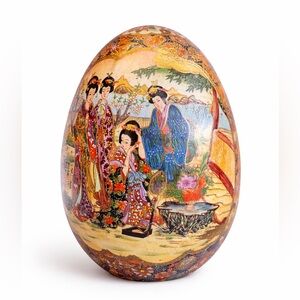 Large Vintage Satsuma Style Hand Painted Egg Vase — Crackle Glaze, Gold Detail